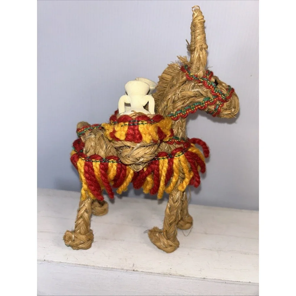 Mexican Woven Straw Donkey Burro w/Clay Pots- Pack Mule Figure Vintage Decor